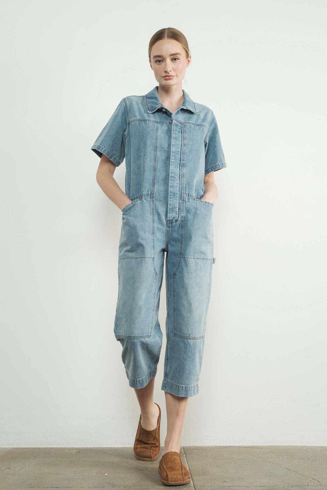 Light Wash Denim Collared Jumpsuit