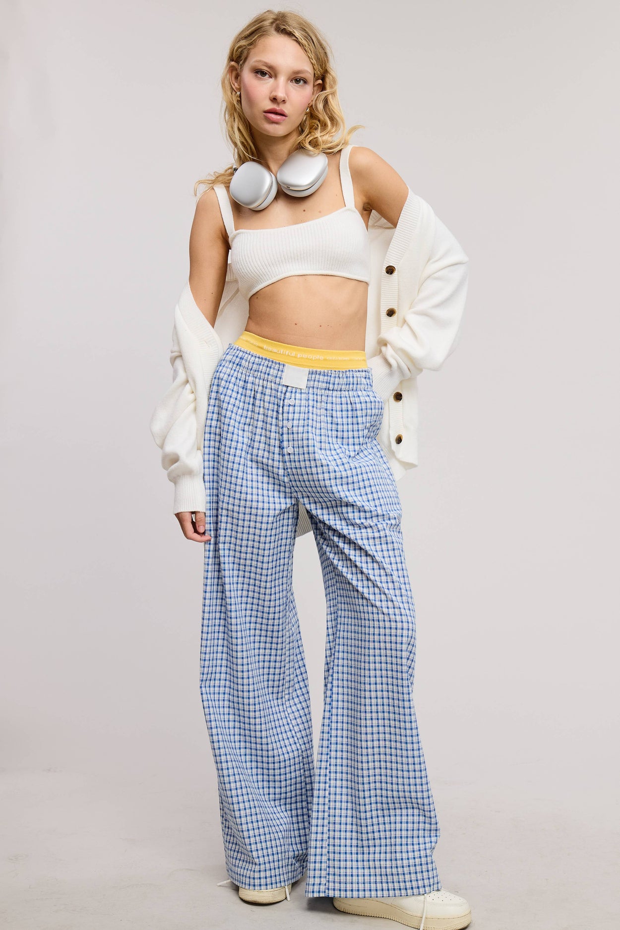 Blue Mid-Low Rise Elastic Waistband Gingham Pants
