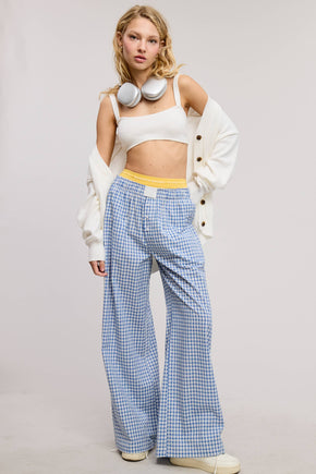 Blue Mid-Low Rise Elastic Waistband Gingham Pants
