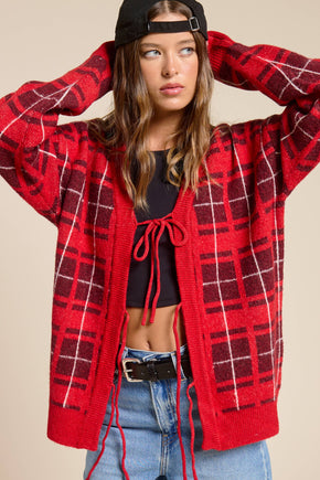 Red Plaid Tie-Front Cardigan Sweater
