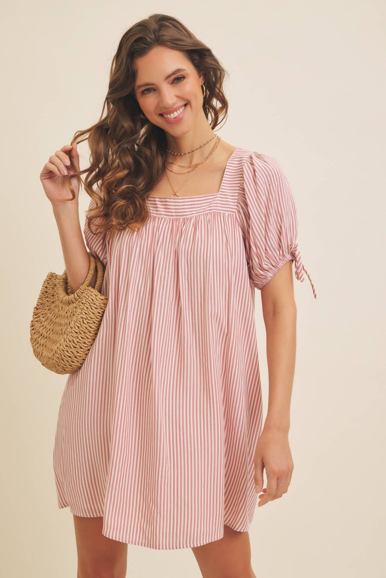 Red Stripe Puff Sleeve Mini Dress