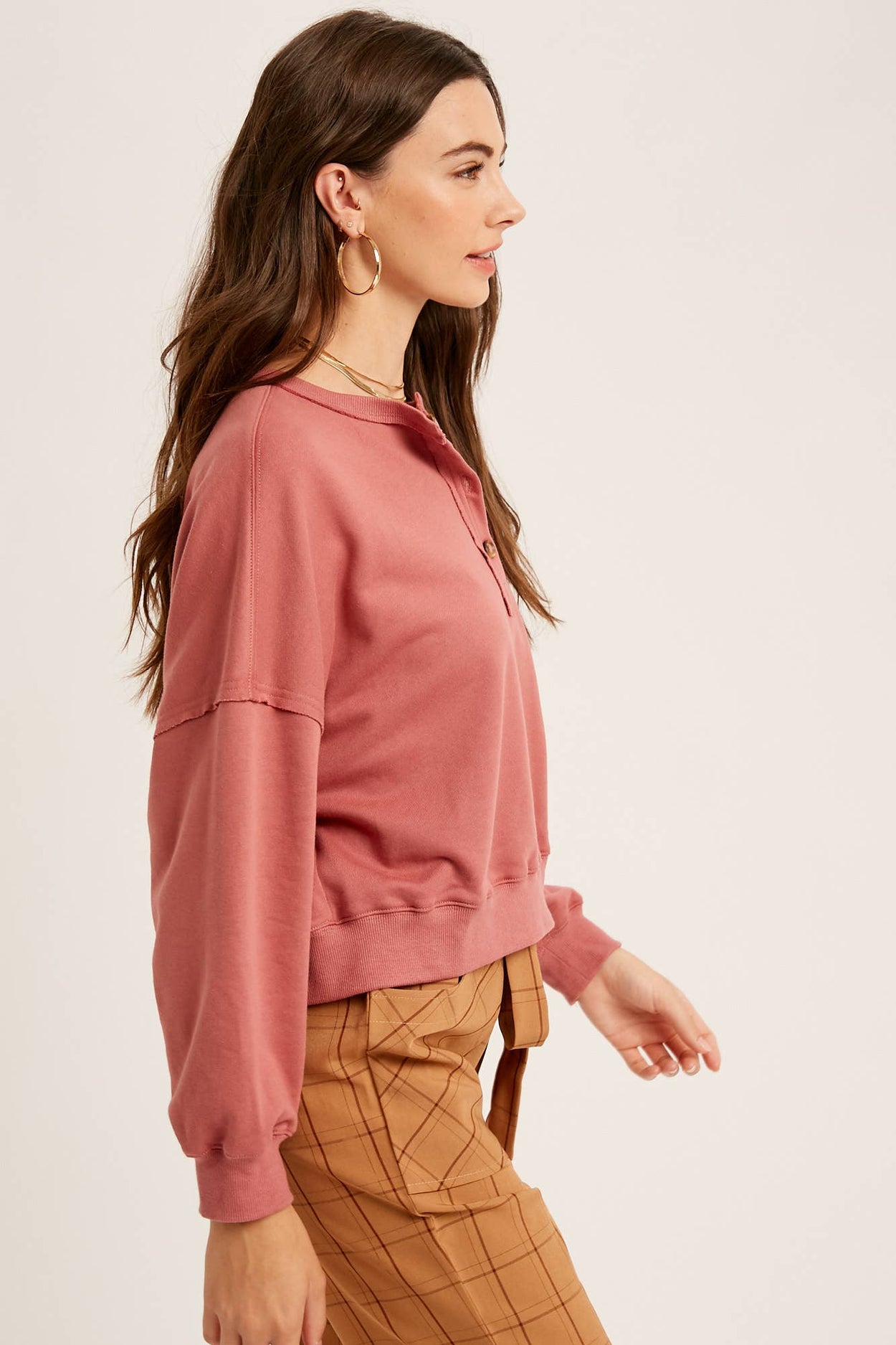 Deep Rose Henley Button Soft Knit Top