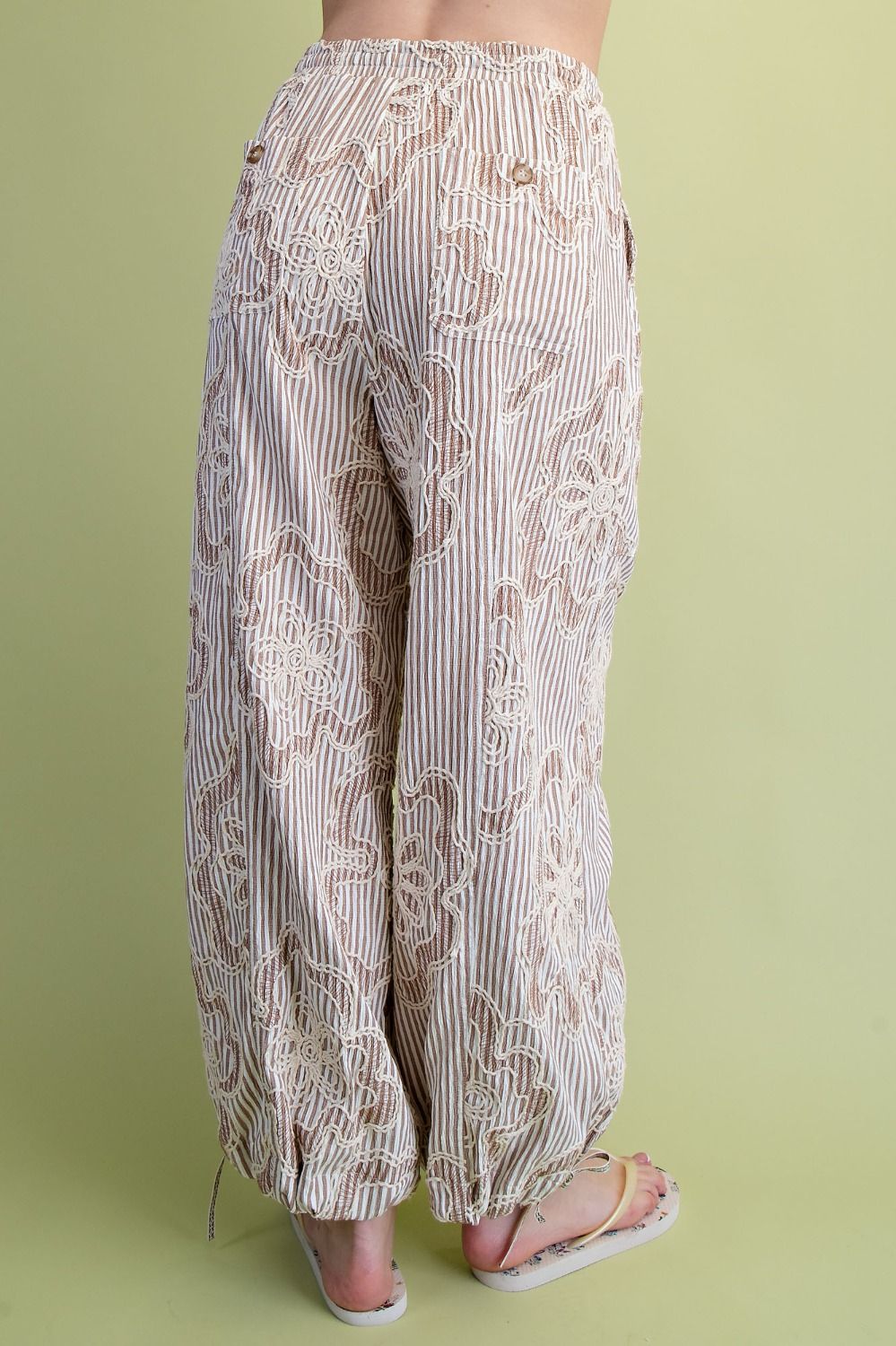 Mocha Embroidery Striped Woven Pants