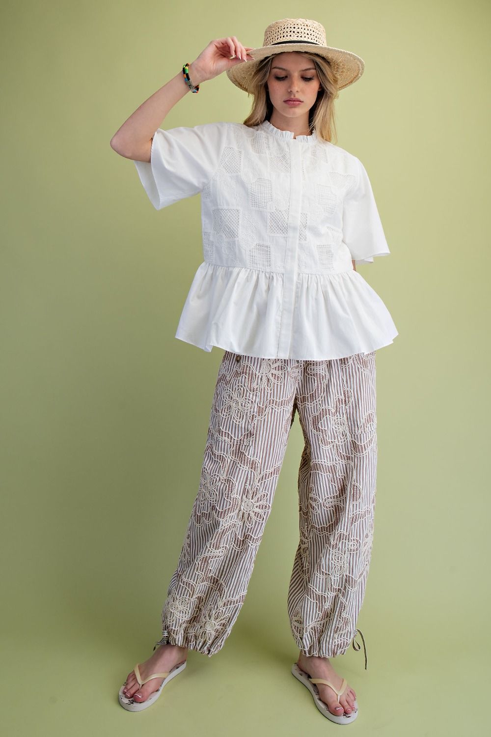 Mocha Embroidery Striped Woven Pants