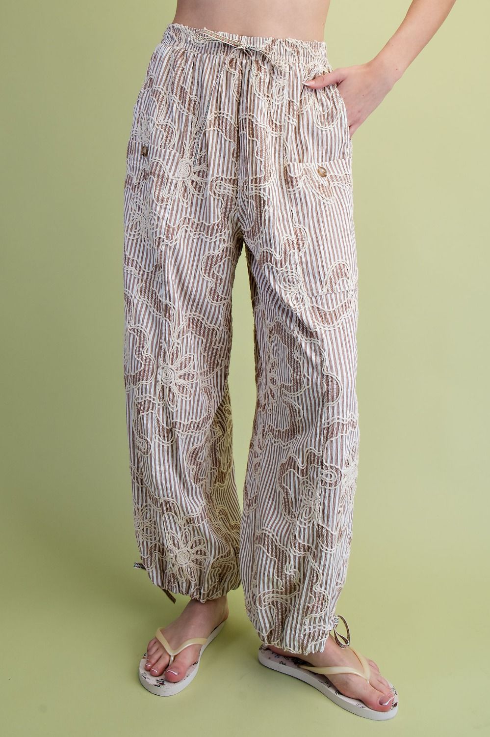 Mocha Embroidery Striped Woven Pants