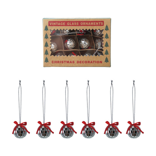 Foam & Glass Mini Mirror Ball Ornaments with Bow, Boxed Set of 12